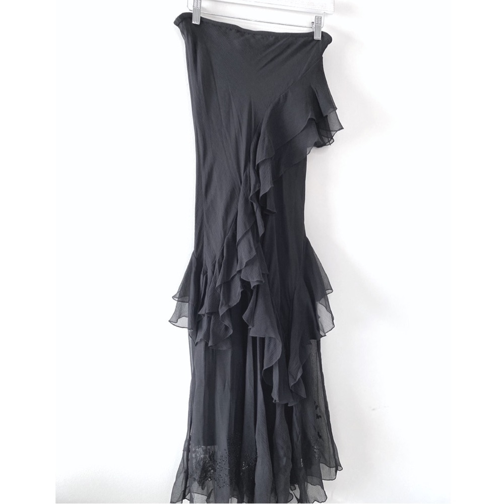 Vintage 100% Silk Strapless Ruffle Beaded Maxi Formal Dress, Black - Size XS - Picture 7 of 11